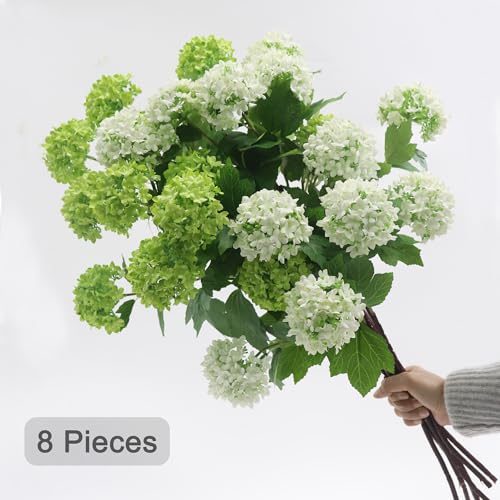 Hydrangea Artificial Flowers Fake Hydrangeas - Silk Flowers 4 Pack 28 Inch Long with 12 Real Touch Blooms, Snowball Viburnum for Wedding and Home Decor (Green)