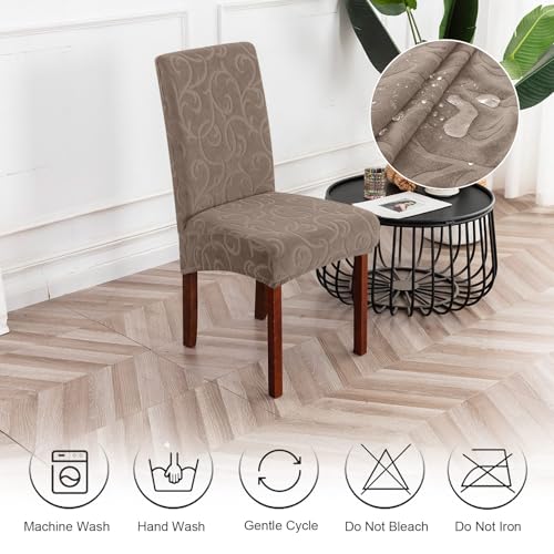 Genina Waterproof Dining Room Chair Covers Stretch Parsons Chair Slipcovers for Dining Room Kitchen Chair Protector Cover, Removable, Washable (4, Flower Pattern-Taupe)