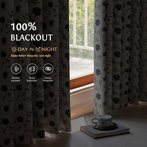 Beauoop Floral 100% Blackout Curtains 84 Inches Long 2 Panels for Bedroom Living Room Blue Brown on Beige Vintage Rose Flower Patterned Room Darkening Thermal Soundproof Grommet Window Drapes, 52X84