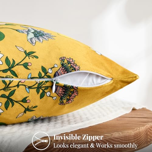 Mustard Yellow Floral Pillow Covers 18x18 Set of 2, Velvet Wild Flower Plant Throw Pillows Case, Square Farmhouse Decor Cushion Covers for Home Sofa Bed Couch