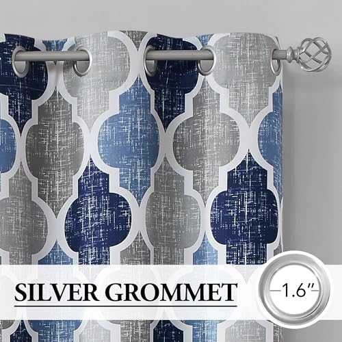 Beauoop 100% Blackout Curtains 84 Inches Long 2 Panels for Bedroom Living Room Blue Grey Moroccan Geo Room Darkening Thermal Insulated Soundproof Grommet Top Window Treatments Drapes, 50x84 Set of 2