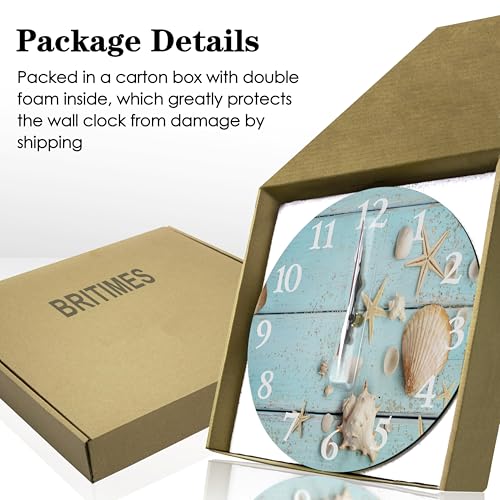 Britimes Round Wall Clock, Silent Non-Ticking Battery Operated Clock 10 Inch, Decor for Bathroom, Bedroom, Kitchen, Office or School Summer Beach Seashell