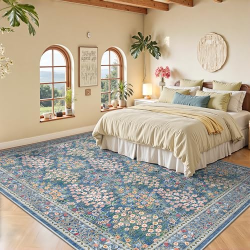6x9 Area Rugs, Washable Floral Area Rugs for Living Room, Indoor Area Rug for Bedroom, Dining Room, Low Pile Non-Slip Non Shedding Rug(Blue Floral)