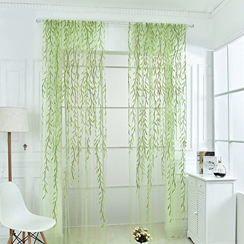 Ufurty 2 Pieces Willow Window Curtain Voile Tulle Room Salix Leaf Sheer Gauze Panel Drapes Green Color for Living Room, Bedroom, Balcony