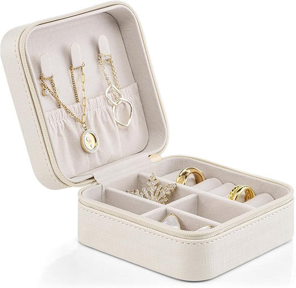 Organizer Jewelry Box - Small Travel Display Case for Girls Women Gift Rings Earrings Necklaces Storage,White