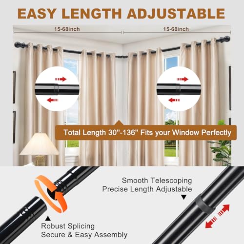 Corner Curtain Rod for Windows - L Shaped 30 to 136 Inches Adjustable,1 Inch Heavy Duty Corners Window Curtain Rods, 180° Connector Angled Drapery Pole -Black
