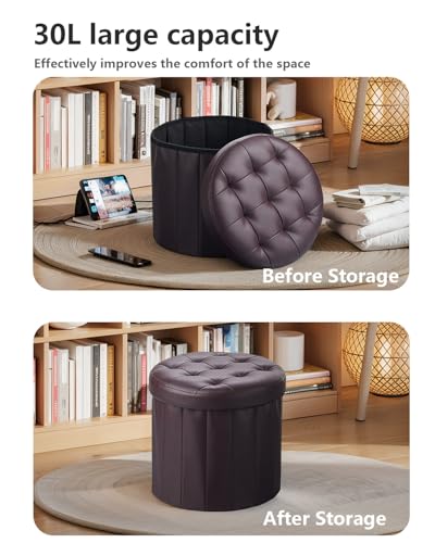 Bsketa Round Storage Ottoman, 14" Folding Leather Foot Rest Stool,Brown