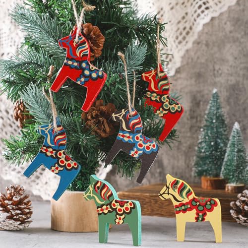 Vercraft 6 Pcs Swedish Dala Horse Christmas Ornaments Wooden Dala Horse Hanging Pendant Decorative Dalecarlian Horse Figurine Christmas Decorations for Home Xmas Tree Party Gift (Vintage Color)