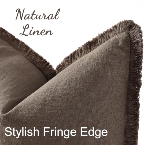 decorUhome Linen Fringe Linen Brown Throw Pillow Covers 24x24 Set of 2