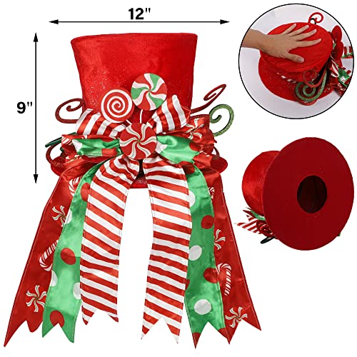 yofit Christmas Tree Topper Hat, Large Red Hat with Striped Bow Ribbon & Lollipop, Christmas Tree Decorations Top Hat, Desktop Ornaments for Home Xmas Holiday Winter Decor