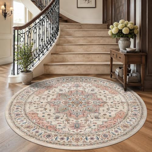 8ft Round Rug Low Pile Washable Vintage Circle Rug Indoor Carpet