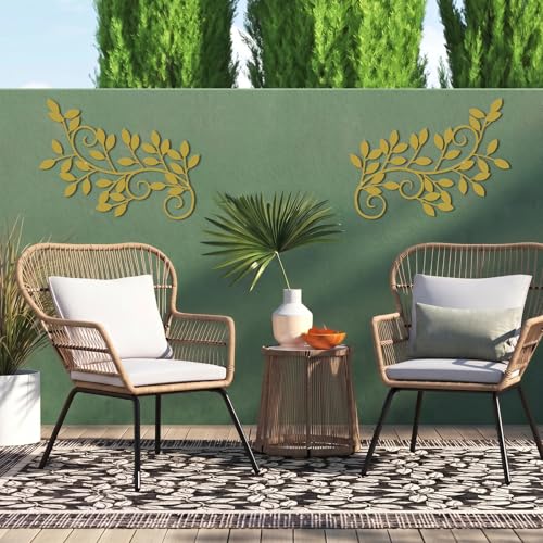 ESTART 2 Pieces Metal Tree Leaf Wall Decor Vine Olive Branch Leaf Wall Art Wrought Iron Scroll Sculptures for Above the Bed, Living Room, Bedroom, Hallway, Indoor and Outdoor Decoration (Gold)
