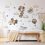 Teddy Bear Wall Decals - Cartoon Bear Air Balloon Star Moon Cloud Wall Stickers for Kids Room Girls and Boys Bedroom Baby Room Nursery Decoration (Coffee Brown Bear Wall Decal)