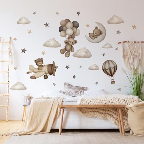 Teddy Bear Wall Decals - Cartoon Bear Air Balloon Star Moon Cloud Wall Stickers for Kids Room Girls and Boys Bedroom Baby Room Nursery Decoration (Coffee Brown Bear Wall Decal)