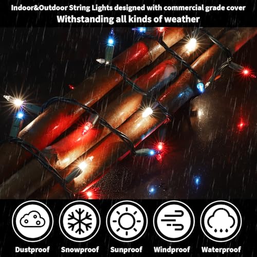 LAMPHOME Red White and Blue Patriotic Mini String Lights, 31.9FT 150 Incandescent Lights, Connectable 120V Waterproof Green Wire, 4th of July Independence Day Decor for Indoor Outdoor Christmas Party