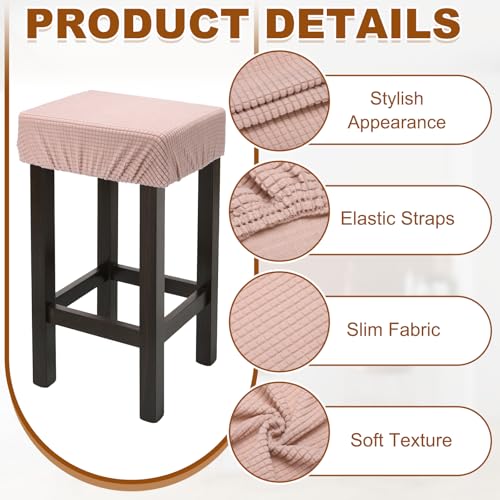 uxcell 2 Pcs Seat Covers for Dining Chairs, Bar Stool Covers Stretch Chair Seat Protector Waterproof Saddle Stools Slipcover with Elastic Band for Kitchen Bar, Textured Fleece Light Pink