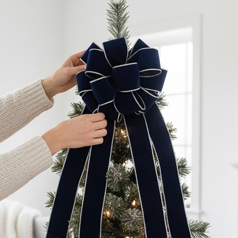 Altier 11" Wide Velvet Navy Christmas Tree Topper Bow 4 Tails Streamers with 3 Yards Long Each for Home Decoration Treetop Handmade Bow Ornament Holiday Party