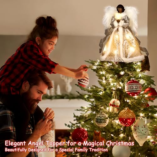 Angel Tree Topper with Lights and Remote Control, 12" Lighted Tree Toppers Christmas Decorations, Elegant and Durable, Perfect for Holiday Home Decor and Gifts, Black, WOKEISE