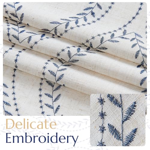 jinchan Boho Linen Blend Beige Farmhouse Curtains 84 Inch Length 2 Panels Set Blue Embroidered Leaf Living Room Ogee Geometry Drapes Light Filtering Curtains Grommet Blue on Flax