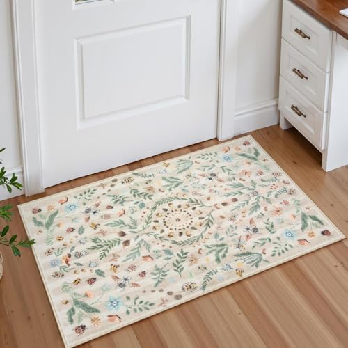 Lahome Washable Insect Botanical 2x3 Area Rugs for Entryway - Machine Washable Non-Slip Kitchen Rugs, Beige Boho Low Profile Soft Faux Wool Indoor Door Mat for Bathroom,Bedroom, Hallway