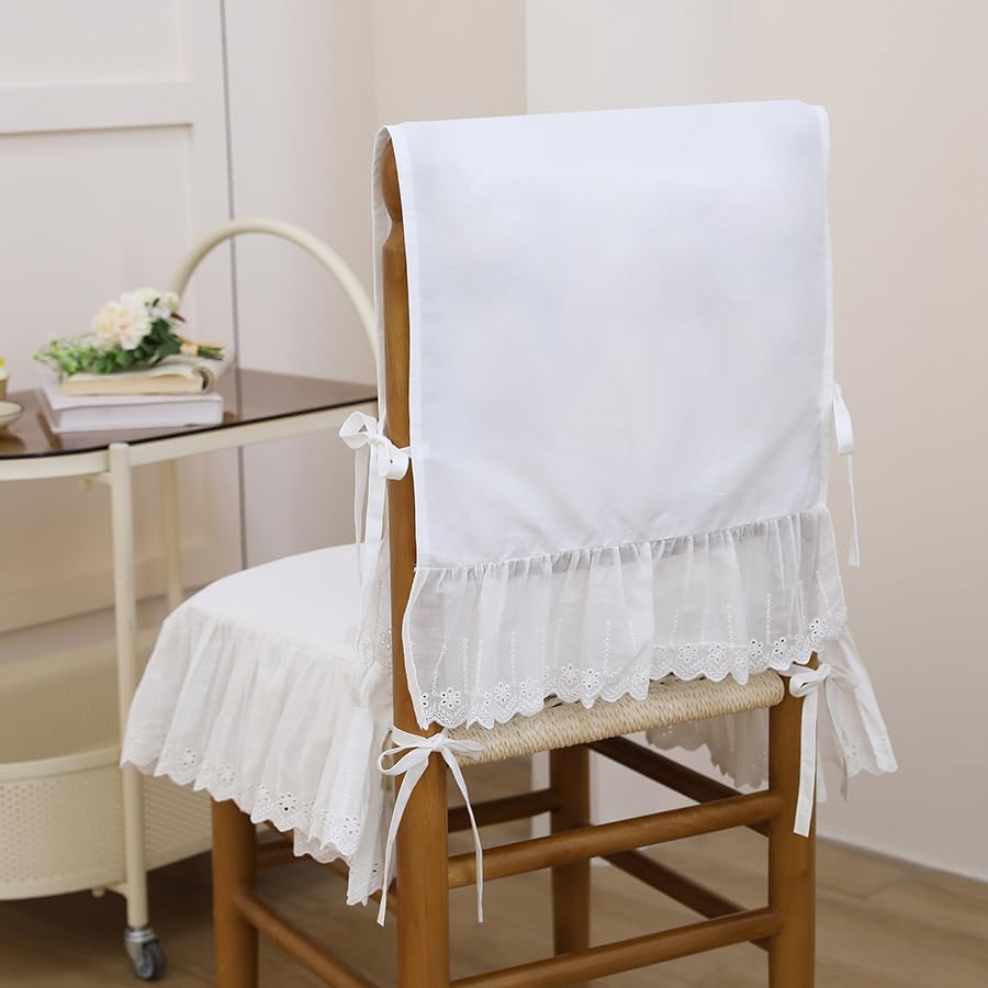 Farmhouse Ruffled Lace Chair Cover Set (1 Back Cover + 1 Seat Cover), White Dining Chair Protector with Lace Trim for Kitchen, Wedding Decor (18 Inch)