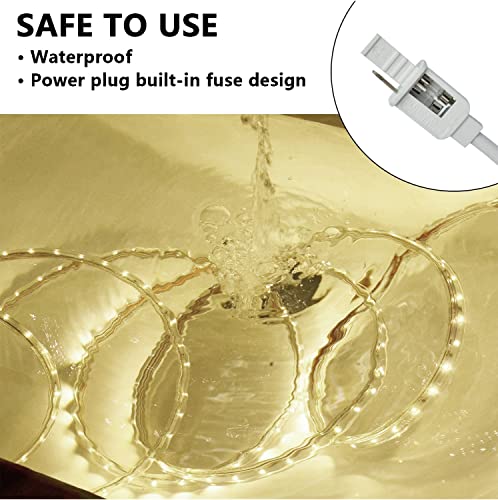 SURNIE LED Rope Lights Outdoor Waterproof Warm White, 50ft Outside Bright Lighting Cuttable Connectable Flexible 110V Cool Clear Flat 3000K, Indoor Deck Patio Christmas Camping Decor, Not Tube Rope