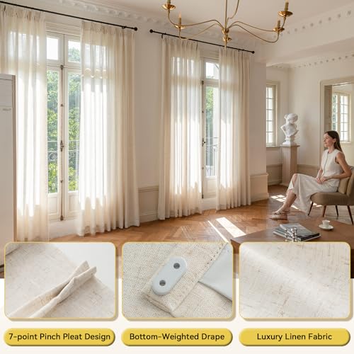 Liz Sheer Pinch Pleated Linen Curtains 90 Inches Long - Light Filtering Pleat Curtains for Living Room,Window Curtains for Bedroom, Luxury Pinch Pleated Drapes with Hooks, Natural, 2 Panels Set