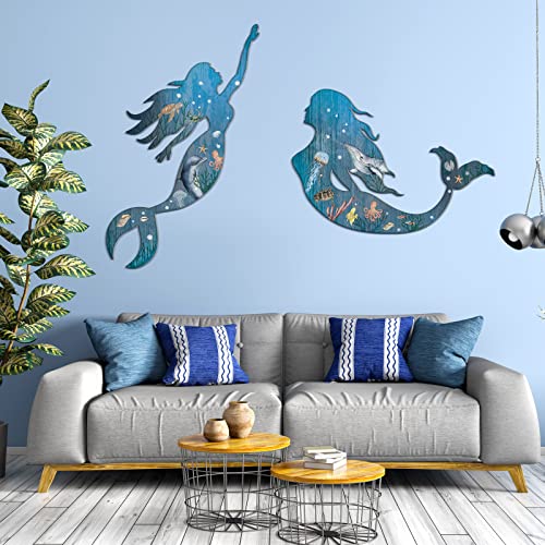 Pelopy 2 Pack Metal Mermaid Wall Art Rustic Bathroom Hanging Mermaid Wall Decor Blue Sculpture Decorations for Room Patio Swimming Pool Bathroom