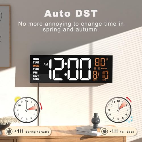 JALL 16" Large Digital Wall Clock with Remote, Big LED for Seniors, Auto Dimming, 8 RGB Colors, Night Light, Count Down Timer, Alarm, DST, Temperature for Living Room, Back to School Classroom