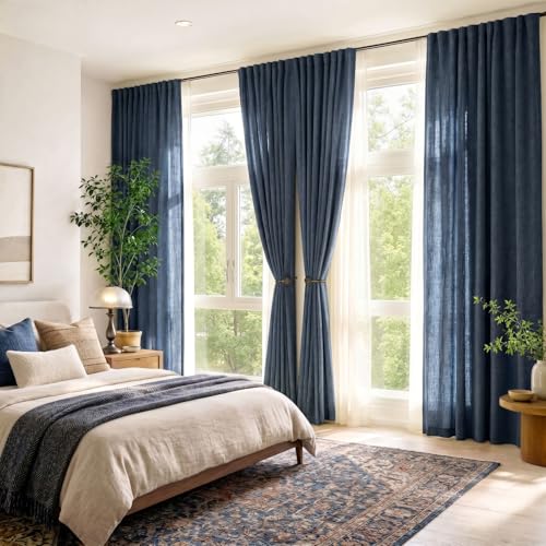 jinchan Burlap Linen Look Curtains 84 Inches Long Blue Textured Curtains for Living Room Light Filtering Farmhouse Curtain Panels Semi Sheer Country Rustic Bedroom Window Drapes Rod Pocket 2 Panels