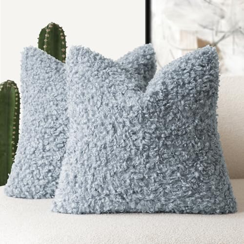 Foindtower Decorative Fuzzy Faux Fur Throw Pillow Covers 22x22 Misty Blue