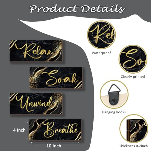 ONIZHITY 4 Pcs Black and Gold Bathroom Decor Black Gold Wall Decor Relax Soak Unwind Breathe Wooden Rustic Marble Style Bathroom Accessories for Bedroom Living Room Decor Kitchen(10X4)