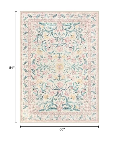 Lahome Sylvie Pink Bedroom Rug for Girls Room Decor, 5x7 Washable Cute Playroom Nursery Rug, Soft Floral Low Pile Carpet for Kids Living Dining Room Indoor, Pink/Multi