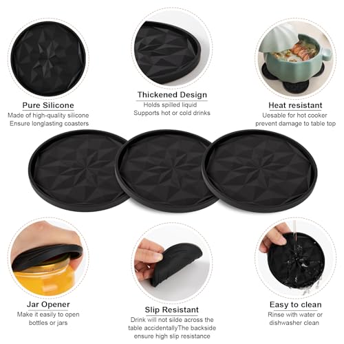 OIAHOMY 8 Pcs Coasters with Holder for Beer, Coffee, Silicone Coaster Set for Table Decor for Kitchen, Bar, Dining Room, Living Room, Housewarming Gifts - Black