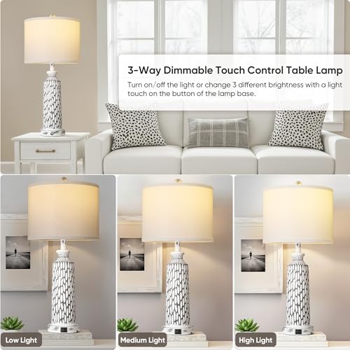 QiMH 26" Table Lamps Set of 2, Modern Bedside Lamps with USB A+C Ports, 3-Way Dimmable Touch Control & White Shade, Coastal White Gray Nightstand Lamp for Living Room Bedroom, Included 2700K LED Bulbs