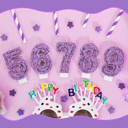 Deep Purple Glitter Birthday Candles for Girls - Number 7 Candle Cake Topper for Kpop Themed Birthday Party Decorations