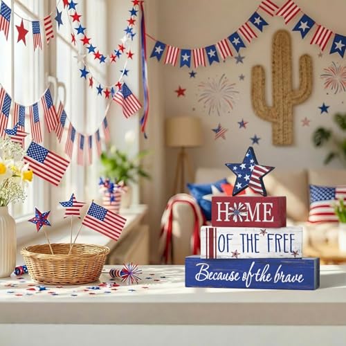 Smile Veterans Day Patriotic 4th of July Indoor Wooden Decor, Home of Free Tiered Tray Farmho – lifestyle view