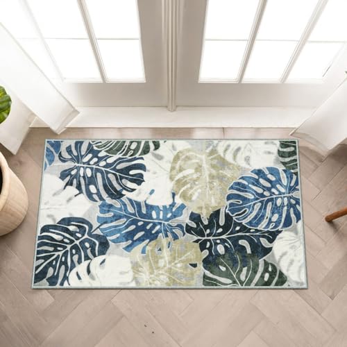 Wonnitar 2x3 Kitchen Sink Rug, Machine Washable Blue Bathroom Leaf Rugs, Monstera Coastal Non-Skid Bedside Accent Mat, Non-Shedding Low Pile Floor Carpet for Entry Doormat Bedroom Laundry