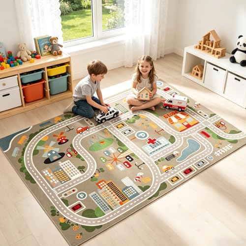 IKITOT Kid Rug Carpet Playmat for Toy Cars and Train，Play Area Rug with Rubber Backing，Fun Throw Rug，Ideal Gift for Children Baby Bedroom Play Room(80×120cm/32×47in)