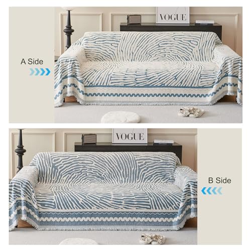 ROOMLIFE Thicked Striped Couch Cover with Tassel Blue Chenille Sofa Cover Blanket for Sectional Sofa, Soft Sofa Slipcovers for L Shaped Love Seat 2-3 Cushion Couch Anti Slip Sofa Protector, 71"x118"