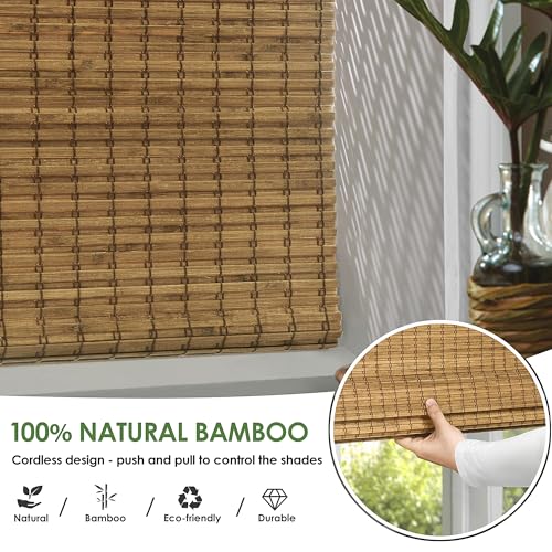 LazBlinds Cordless Bamboo Roman Shades, Privacy Blinds for Interior Windows, Room Darkening Roll Up Bamboo Blinds for Home & Patio, 34" W x 64" H, Highfield Teak