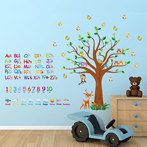 Pajean 4 Sheets Alphabet & Number Wall Decals for Kids Numbers Learning Children Educational Wall Decals ABC Weather Tree Stickers Animal Stickers for Bedroom Classroom Playroom Decor