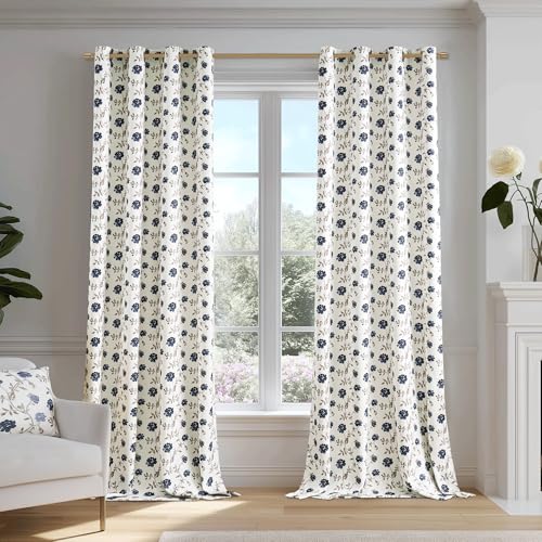 Beauoop Floral 100% Blackout Curtains 84 Inches Long 2 Panels for Bedroom Living Room Blue Brown on Beige Vintage Rose Flower Patterned Room Darkening Thermal Soundproof Grommet Window Drapes, 52X84