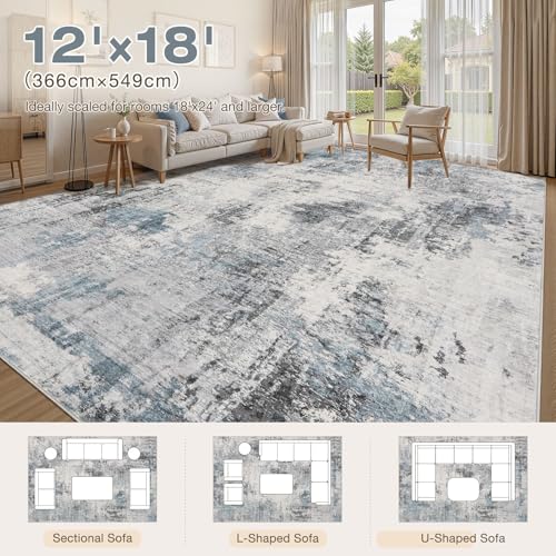 Washable 12x18 Area Rugs for Living Room: Abstract Modern Home Decor Rug