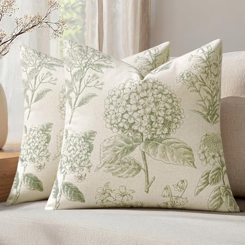 Set of 2 Decorative Floral Pillow Covers 22x22 Inch Sage Green