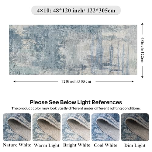 4x10 Modern Abstract Hallway Rug:Washable Wide Runner Rug Blue