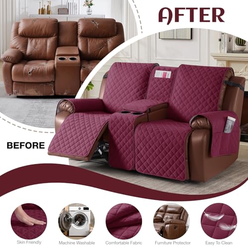 KinCam 100% Waterproof Recliner Loveseat Cover with Console X1, Recliner Couch Covers X1, Recliner Chair Covers X1(Burgundy)