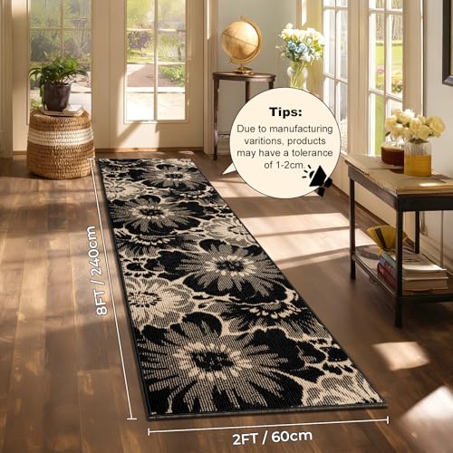 Findosom Hallway Runner Rug 2x8, Non Slip High-Low Textured Floral Washable Runner Rug with Rubber Backing, Boho Carpet Runner for Kitchen, Entryway, Bedroom, Laundry, Black & Beige