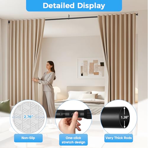 AIZESI 41-144 Inch Heavy Duty Tension Curtain Rod - No Drilling, Adjustable, Rust-Resistant for Outdoor, Living Room, Window, Bathroom, Diameter 1.26In-Black
