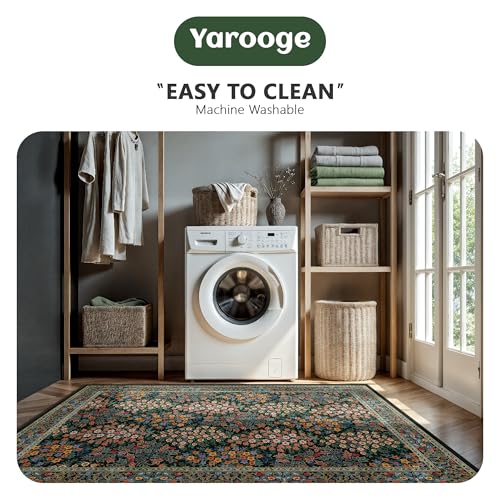 6x9 Area Rugs, Washable Floral Area Rugs for Living Room, Indoor Area Rug for Bedroom, Dining Room, Low Pile Non-Slip Non Shedding Rug(Black Floral)